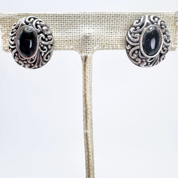 VTG Sterling Silver 925 Black Onyx Scroll Design Stud Earrings Size 0.75" Length - Picture 1 of 10